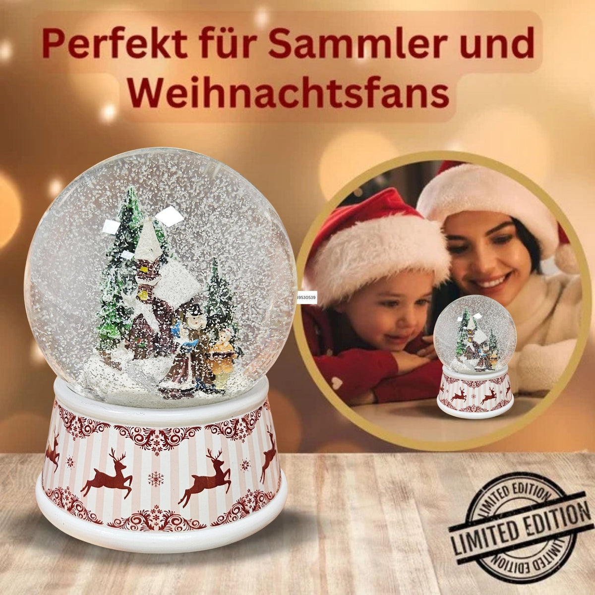 Nostalgische Schneekugel Weihnachtsspaziergang Hüttenzauber 100 mm Durchmesser mit Spieluhr - Schneekugelhaus