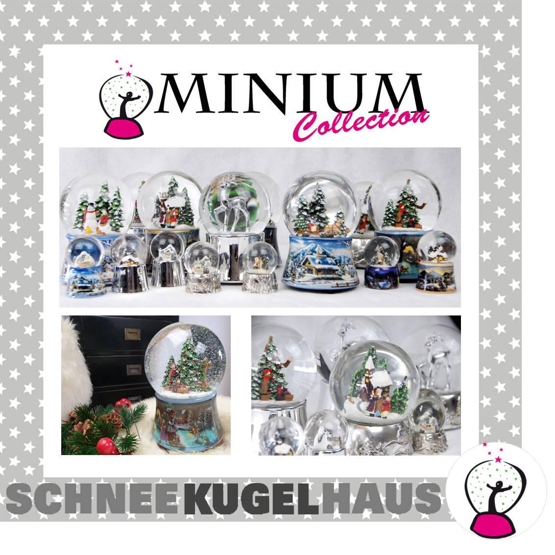 Schneekugel zwei nostalgische Skifahrer auf Sockel Winterlandschaft mittelblau mit Spieluhr 10 cm Durchmesser - Schneekugelhaus