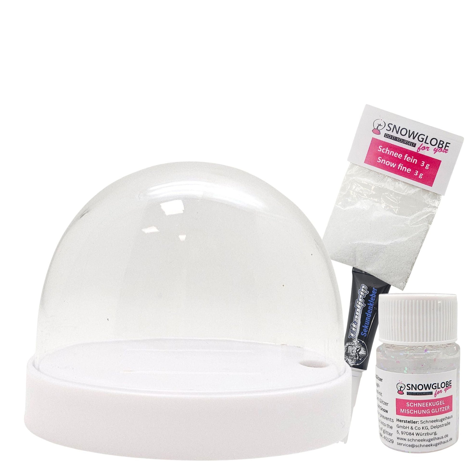 DIY-Komplett-Bastelset für Kunststoff-Schneekugel für FIMO oval 72 x 61 mm weiß mit Schnee, Glitzer, Wasserklar & Sekundenkleber - Schneekugelhaus