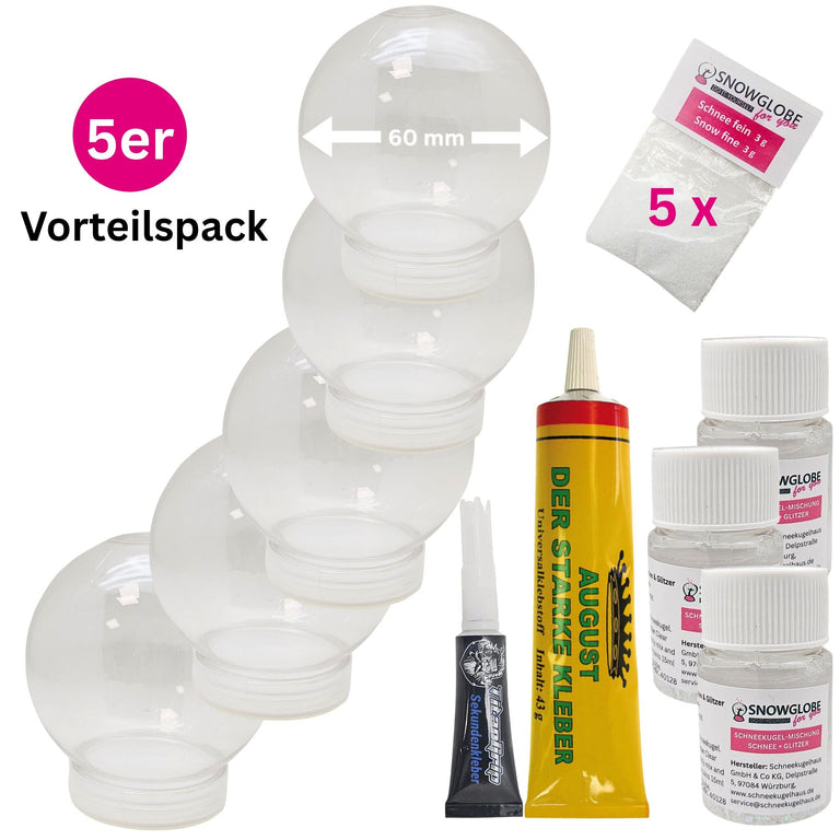 DIY Schneekugel-Set „Party-Pack“ (5er Vorteilspack) 60 rund mit Schraubverschluss - Schneekugelhaus