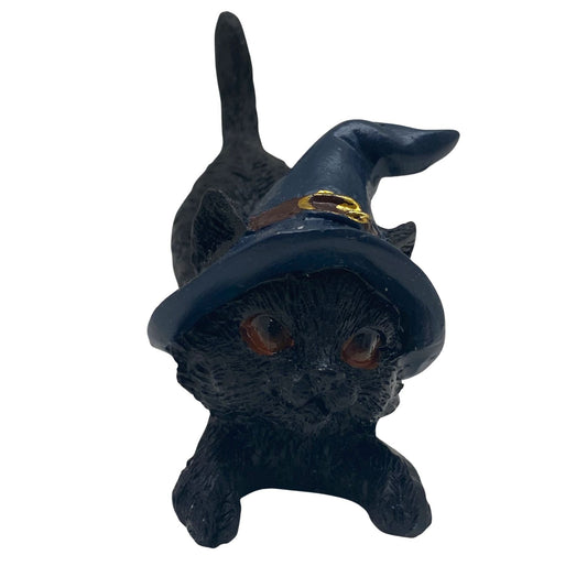 Hexen-Katzen Figur "streckend mit blauen Hut" - 65 x 65 mm - Schneekugelhaus