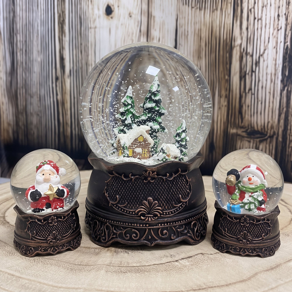Kupfer-Dekopaket - 3 Nostalgie Schneekugeln in zwei Größen - Schneekugelhaus
