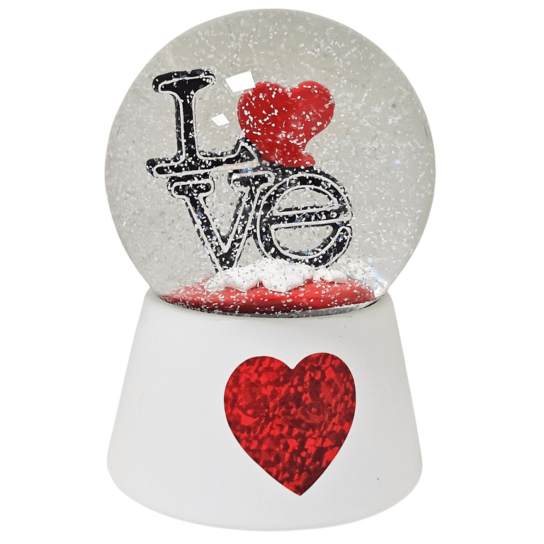 Moderne Designer Schneekugel LOVE auf Sockel weiß rotes Herz mit Spieluhr 100 mm Durchmesser - Schneekugelhaus