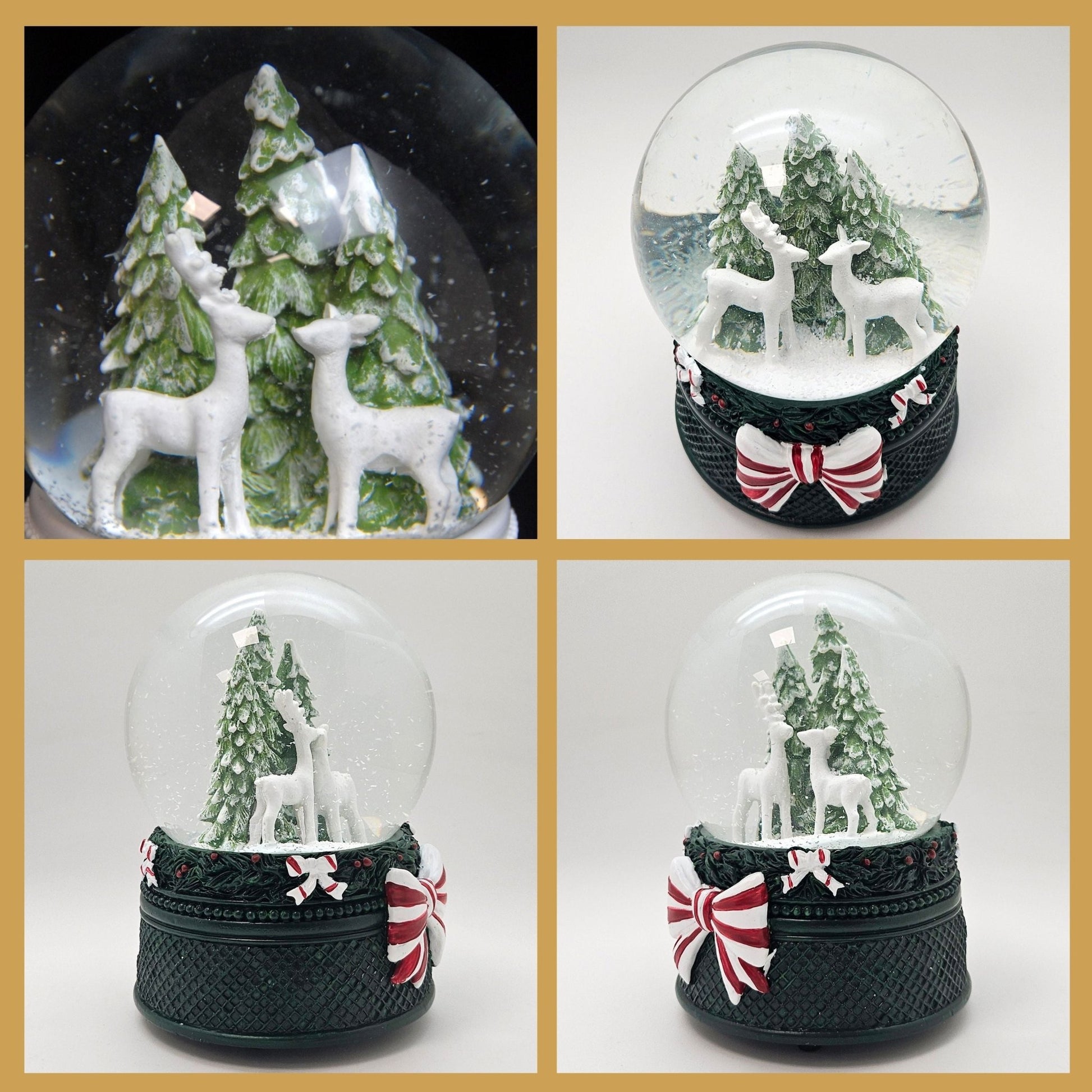 Nostalgische Schneekugel 2 Rehe Weihnachtsdekor grün 100 mm Durchmesser mit Spieluhr - Schneekugelhaus