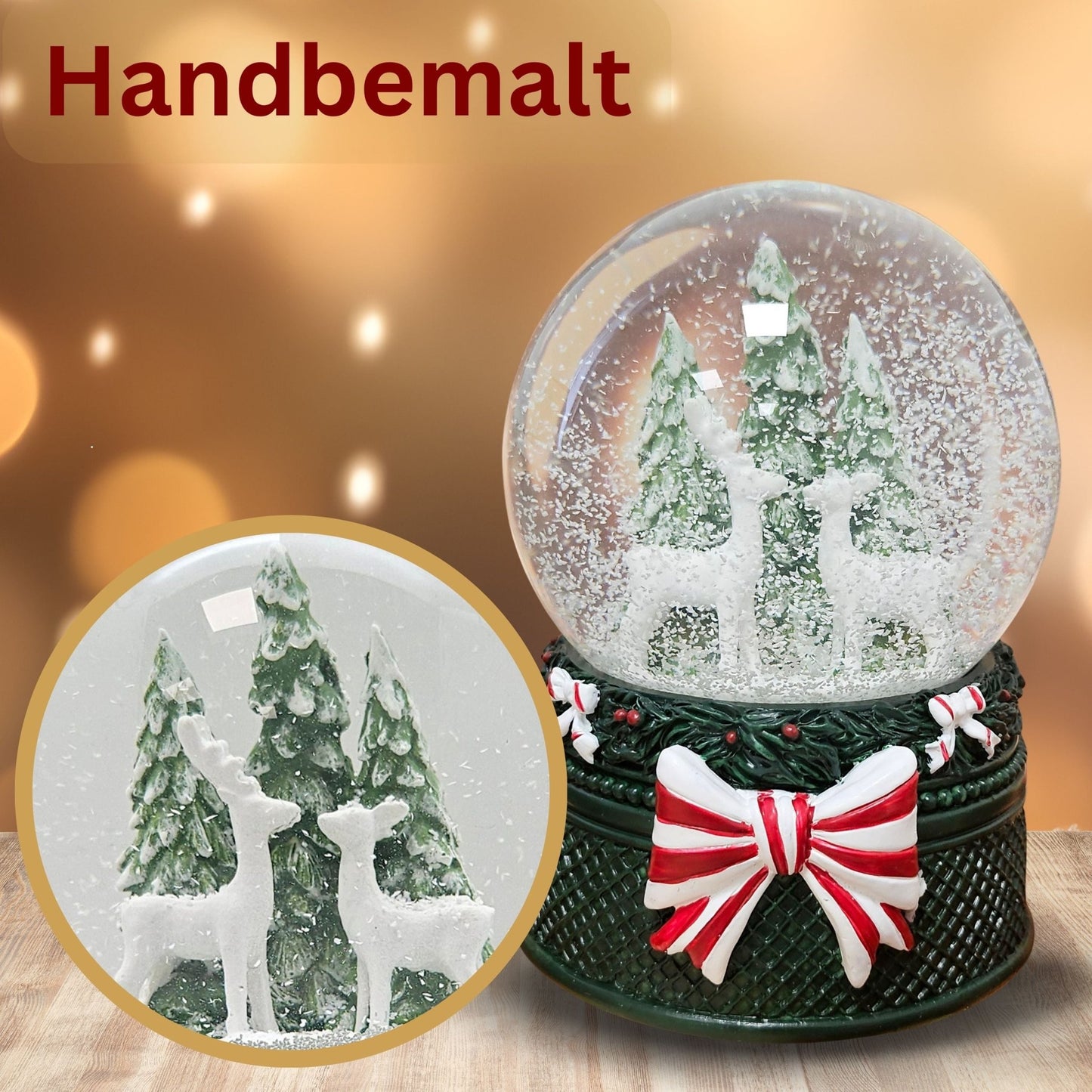 Nostalgische Schneekugel 2 Rehe Weihnachtsdekor grün 100 mm Durchmesser mit Spieluhr - Schneekugelhaus