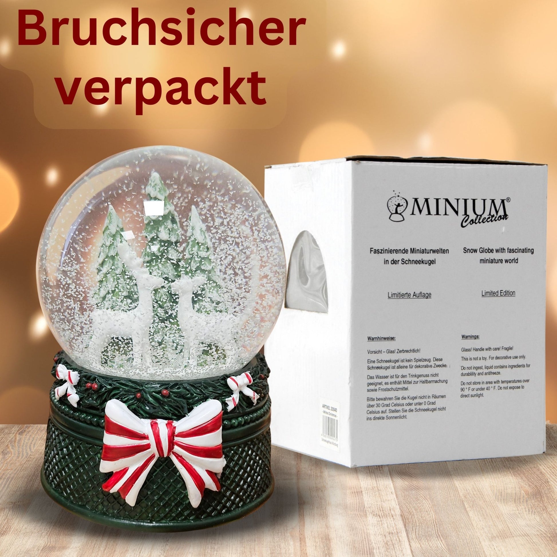 Nostalgische Schneekugel 2 Rehe Weihnachtsdekor grün 100 mm Durchmesser mit Spieluhr - Schneekugelhaus