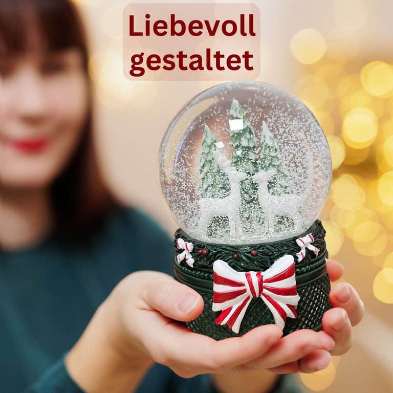 Nostalgische Schneekugel 2 Rehe Weihnachtsdekor grün 100 mm Durchmesser mit Spieluhr - Schneekugelhaus