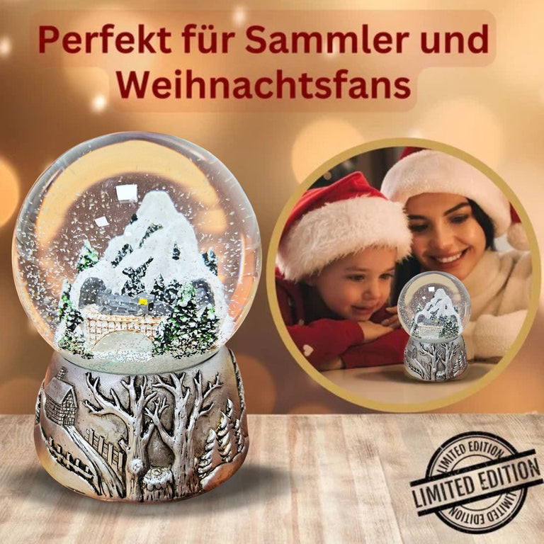 Nostalgische Schneekugel Berglandschaft Brücke Silber Landschaft 100 mm Durchmesser mit Spieluhr - Schneekugelhaus