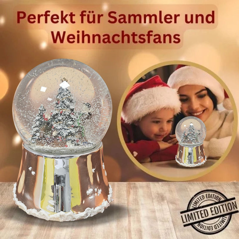 Nostalgische Schneekugel Christbaum schmücken auf silber glänzend mit Schneeflocken 100 mm Durchmesser mit Spieluhr - Schneekugelhaus