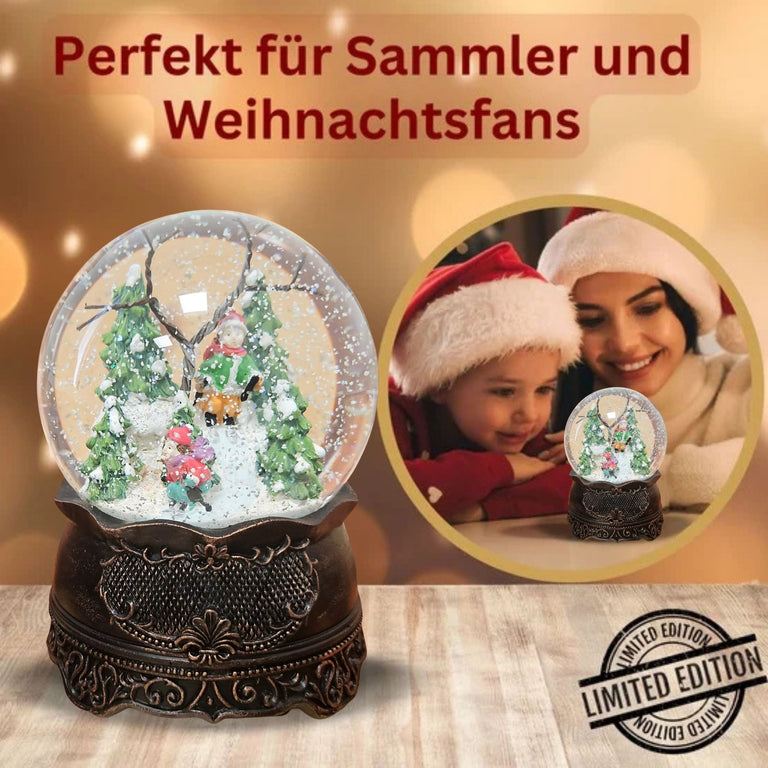Nostalgische Schneekugel Familienspaziergang auf Ornamentsockel kupfer antik 100 mm Durchmesser mit Spieluhr - Schneekugelhaus