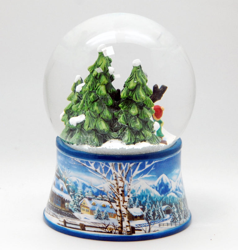 Nostalgische Schneekugel Kinder bauen Schneemann auf Sockel Winterlandschaft hellblau 100 mm Durchmesser mit Spieluhr - Schneekugelhaus