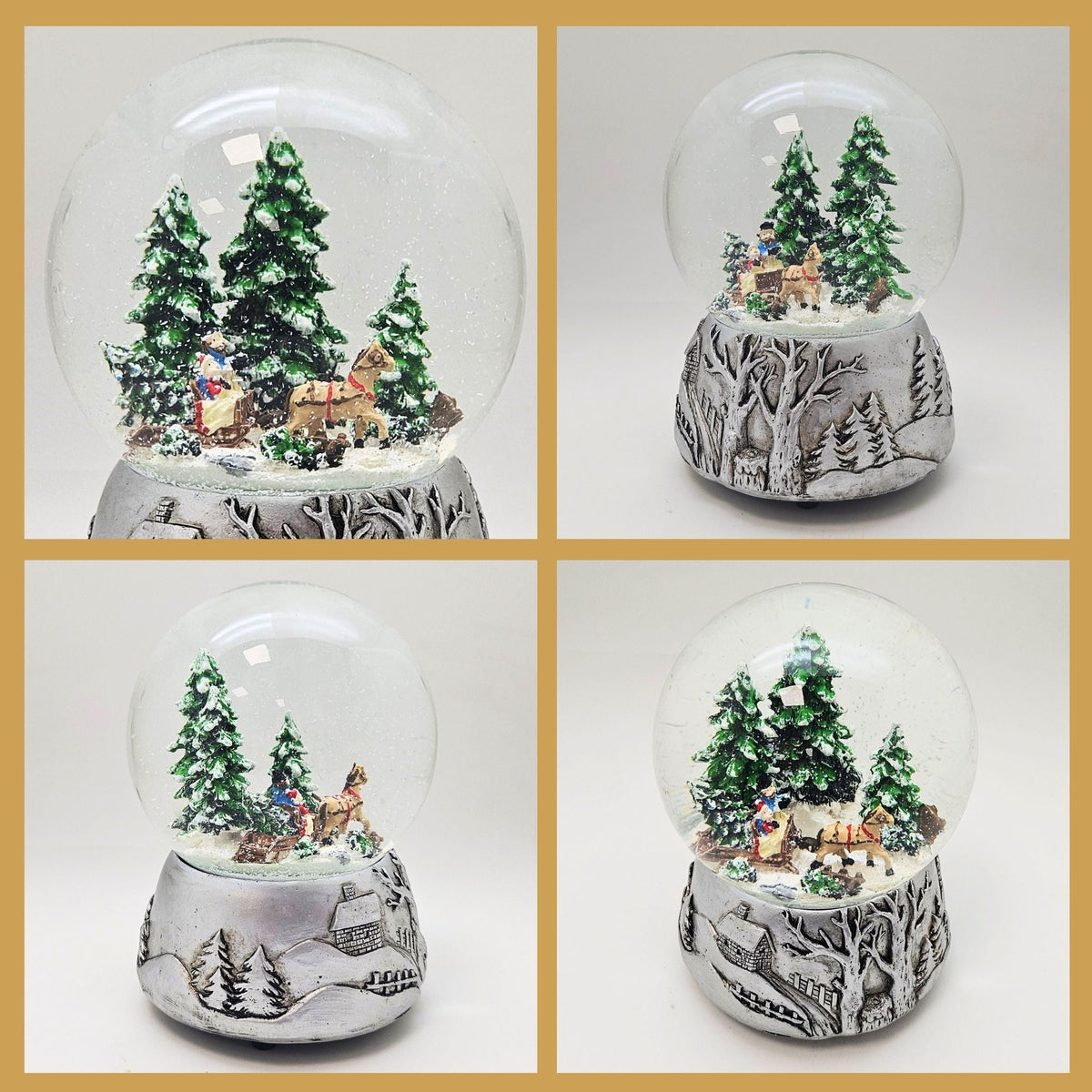 Nostalgische Schneekugel Schlittenfahrt auf Silber Landschaft 100 mm Durchmesser mit Spieluhr - Schneekugelhaus