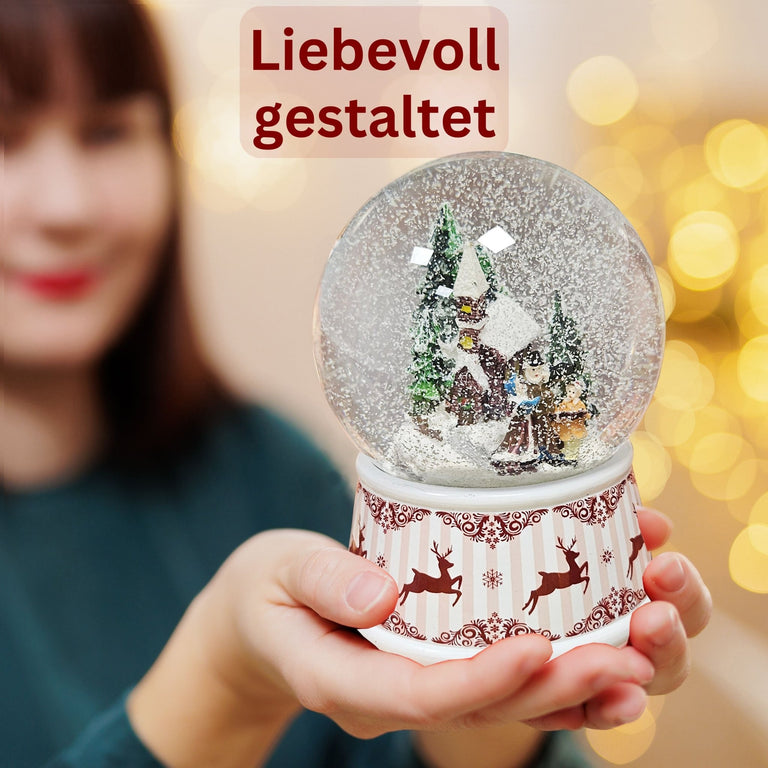 Nostalgische Schneekugel Weihnachtsspaziergang Hüttenzauber 100 mm Durchmesser mit Spieluhr - Schneekugelhaus
