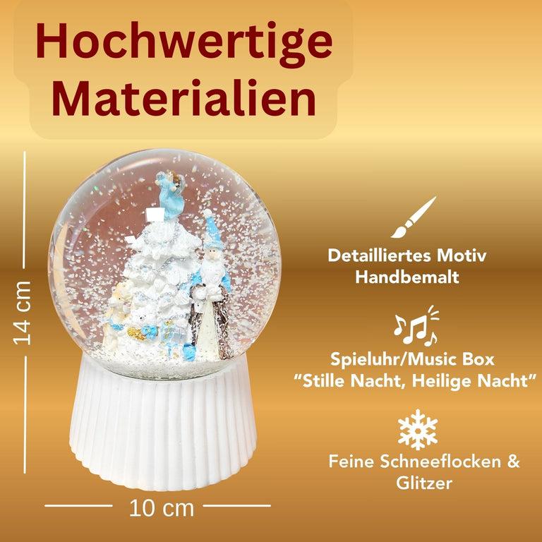 Schneekugel Weihnachtsmann mit Spieluhr, blau silber auf weiß geriffelt - 120 mm Durchmesser - Schneekugelhaus