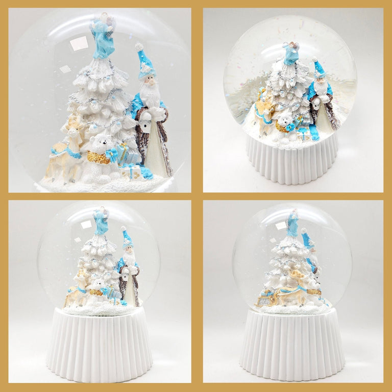 Schneekugel Weihnachtsmann mit Spieluhr, blau silber auf weiß geriffelt - 120 mm Durchmesser - Schneekugelhaus