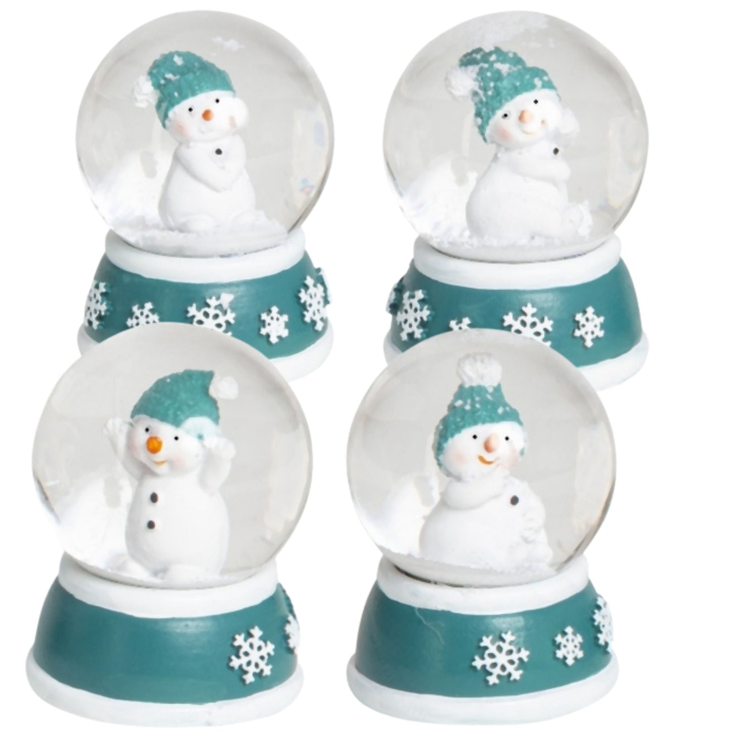 Süße Mini - Schneekugel Schneemann Hand am Mund auf Sockel türkis weiße Schneeeflocke B: 45mm - Schneekugelhaus