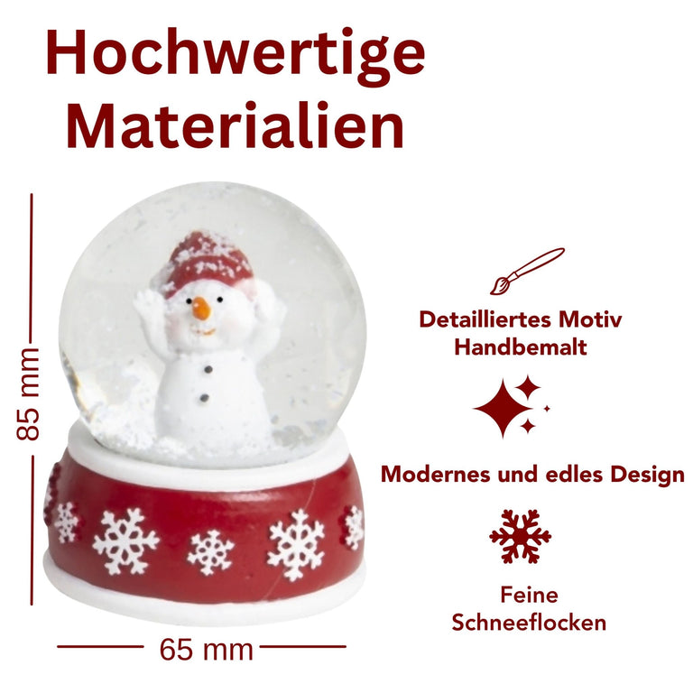 Süße Schneekugel Schneemann Hände hoch auf Sockel rot weiße Schneeflocke B: 65mm - Schneekugelhaus